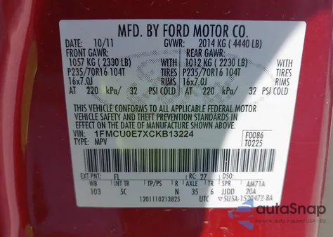 2012 Ford Escape Limited z USA, uszkodzony, nr VIN 1FMCU0E7XCKB13224